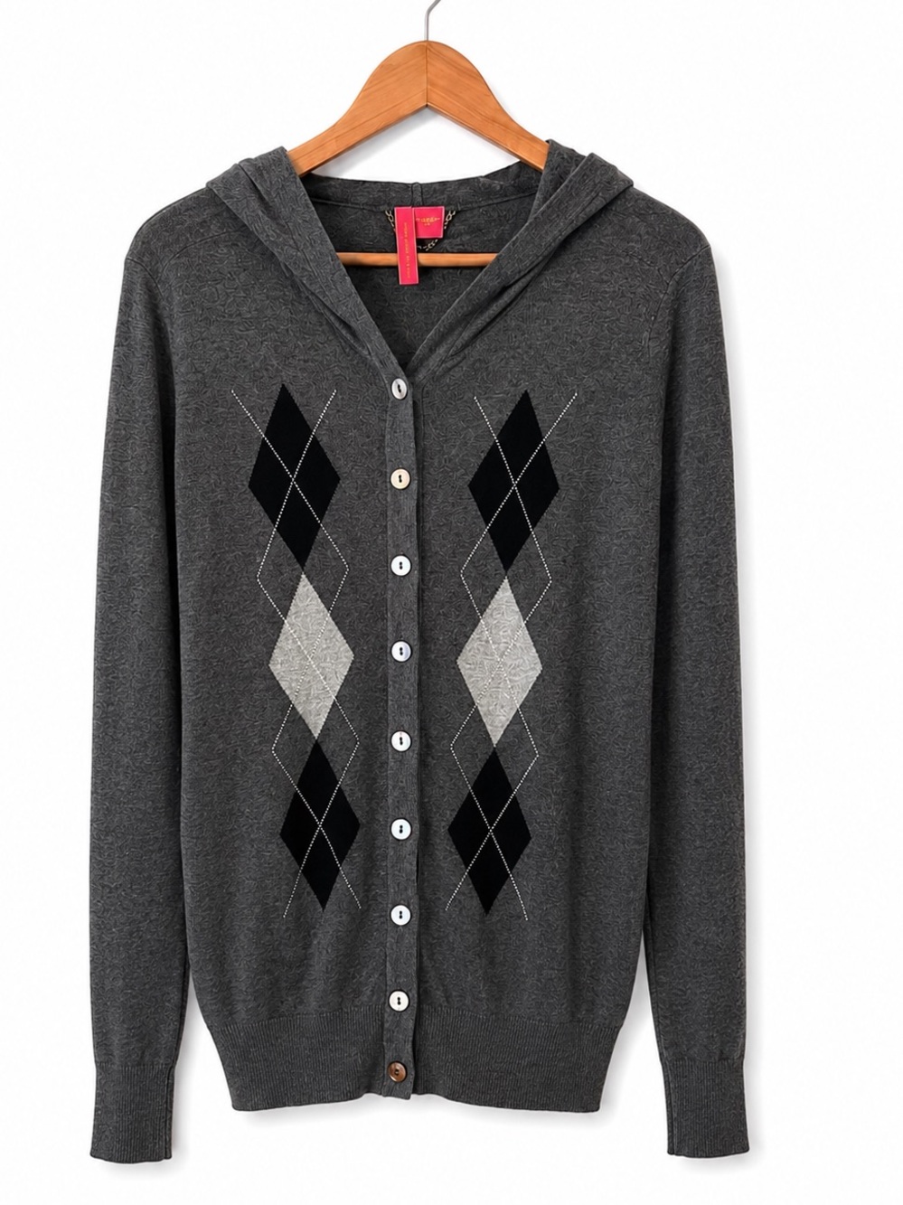Vintage Charlotte Argyle Hooded Cardigan Gray Button Front Y2K Preppy L